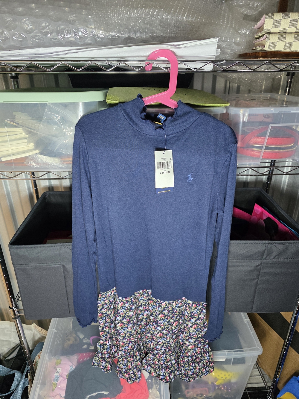 Polo by Ralph Lauren Navy Long-Sleeve Dress with Floral Ruffle Hem 12 / 14